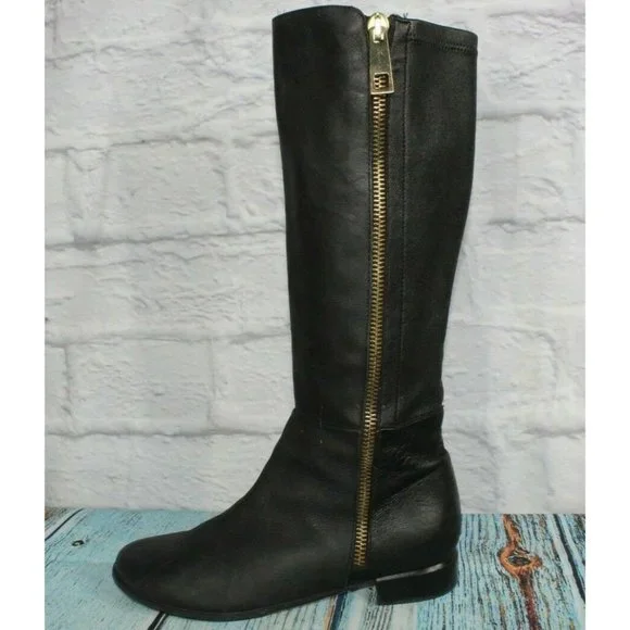 Napoleoni Black Leather Gold Plated Zipper Knee High Boots Size 39 / 9 - Picture 1 of 9